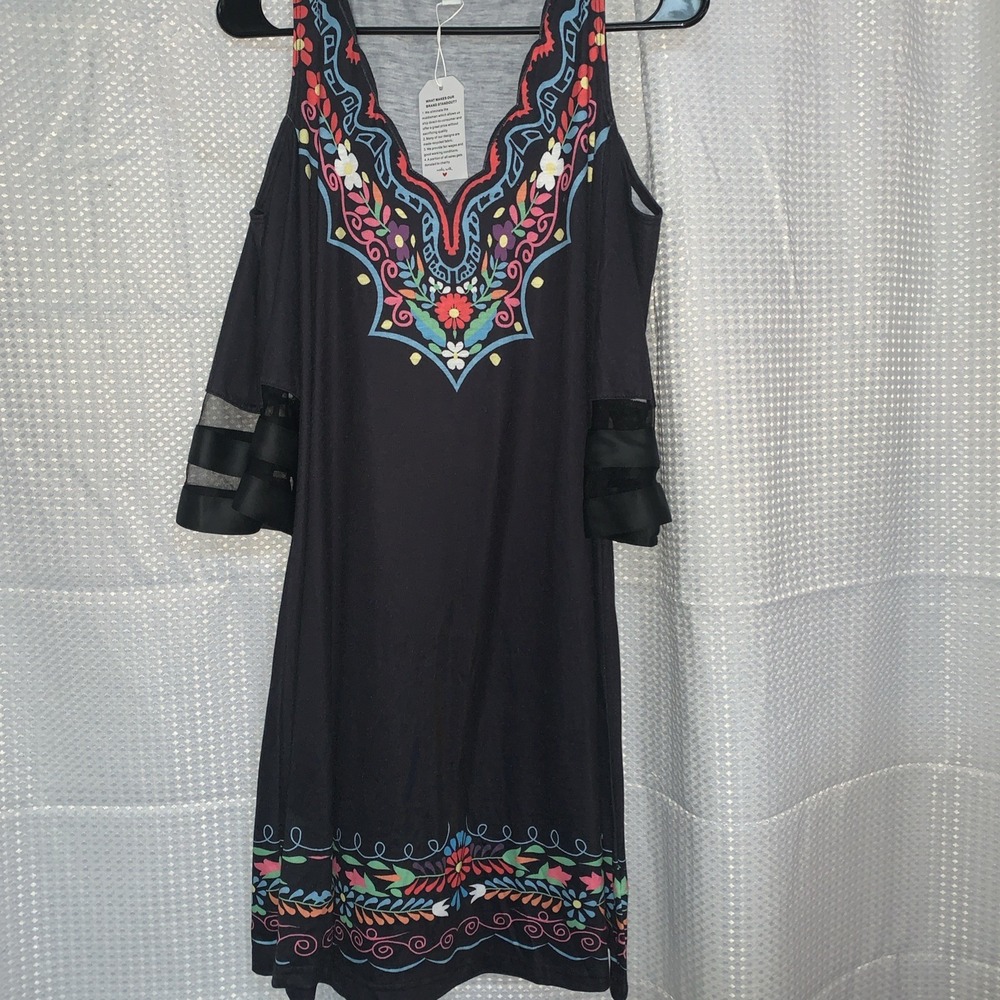 Exclusive‎ Womens Medium Tank Dress Flowy Sleeves Black Colorful Festive Floral